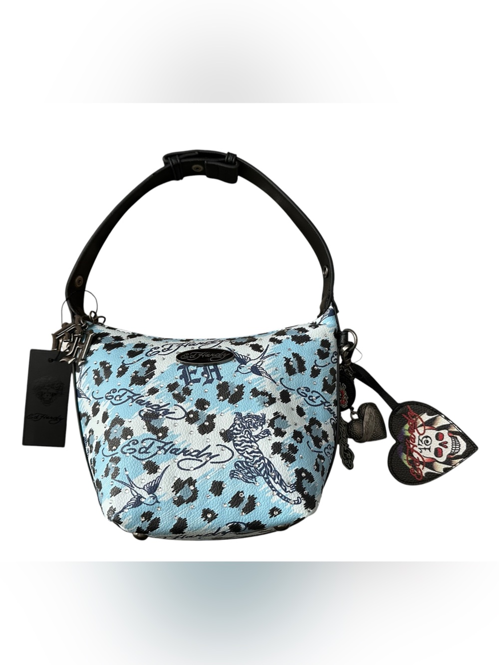 NWT Ed Hardy Light Blue Leopard Tiger Hobo Shoulder Bag Rhinestone Y2K Charm